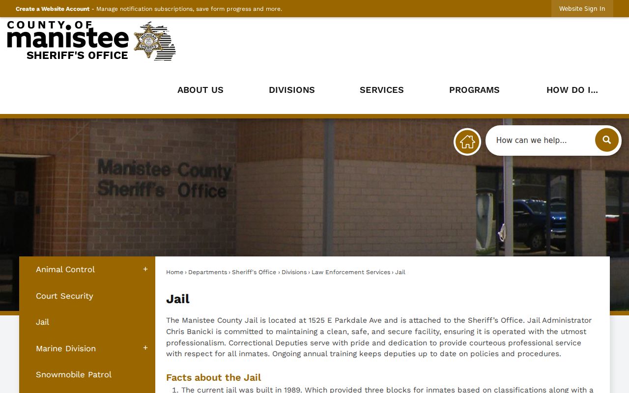 Official Manistee County Jail page used for Manistee County booking and custody information