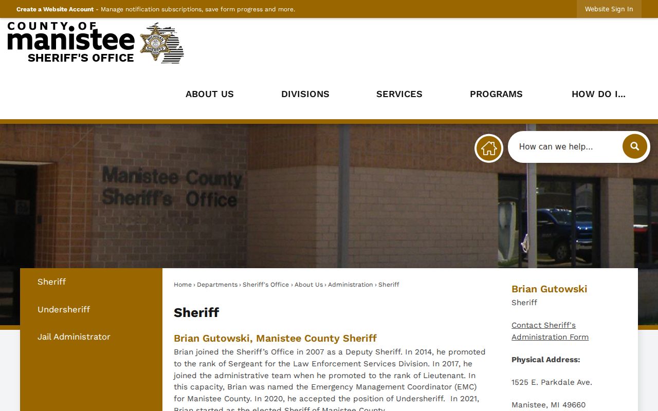 Manistee County Sheriff's Office page for arrest and report authority