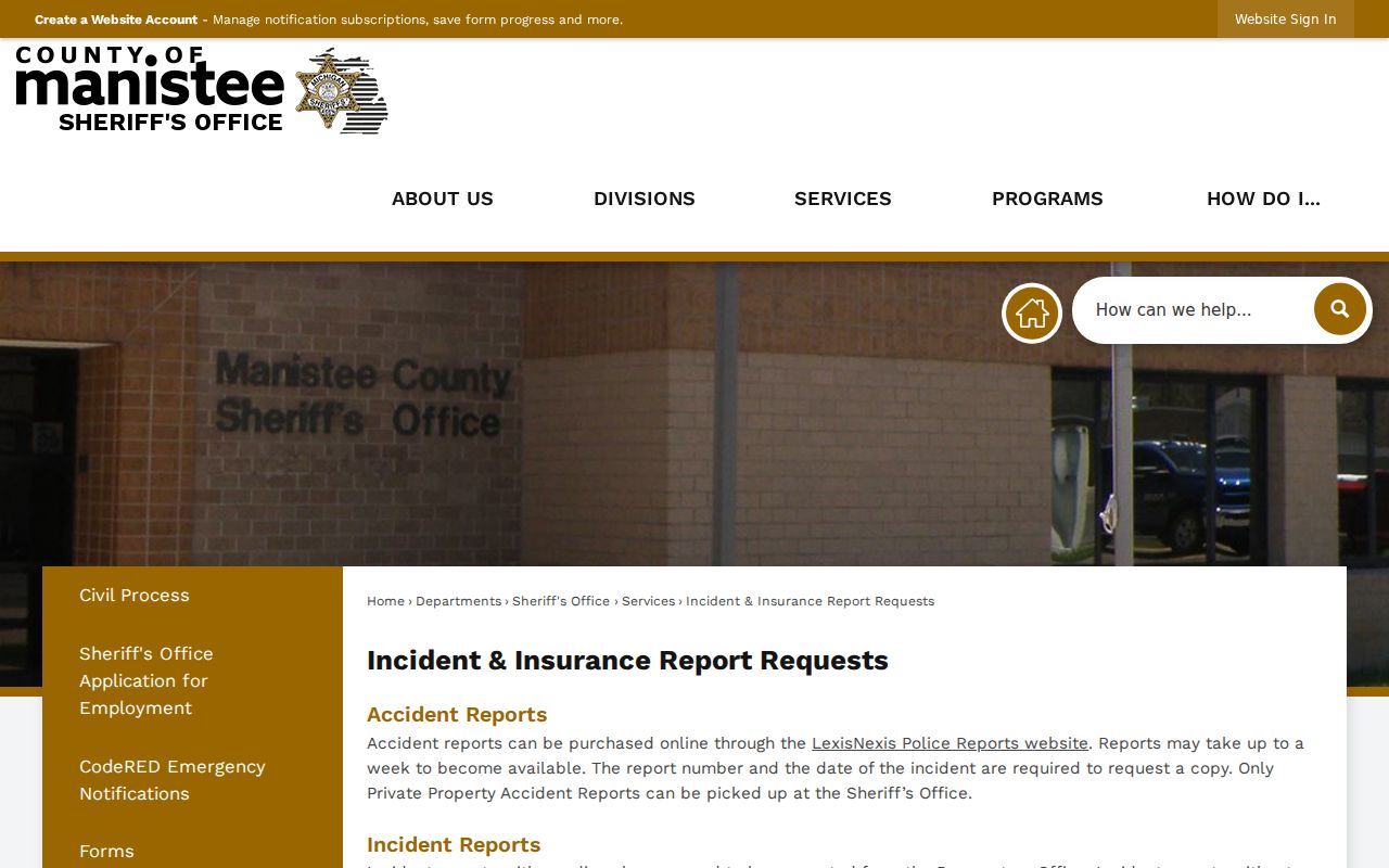 Manistee County Sheriff incident report and FOIA request instructions