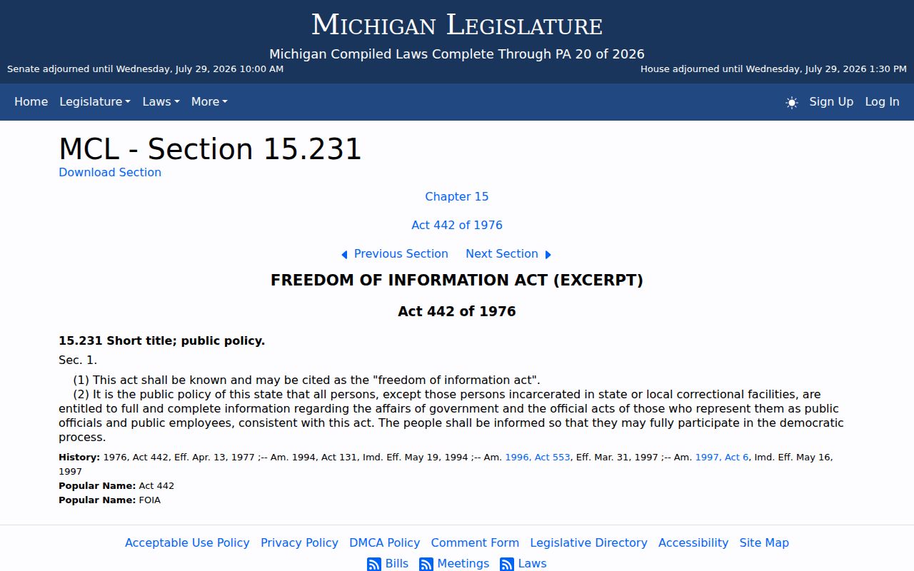 Michigan law page governing public records and Manistee County record access