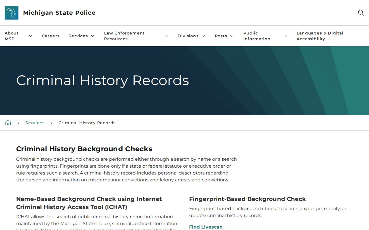 Michigan State Police criminal history overview for Manistee County ICHAT and fingerprint checks
