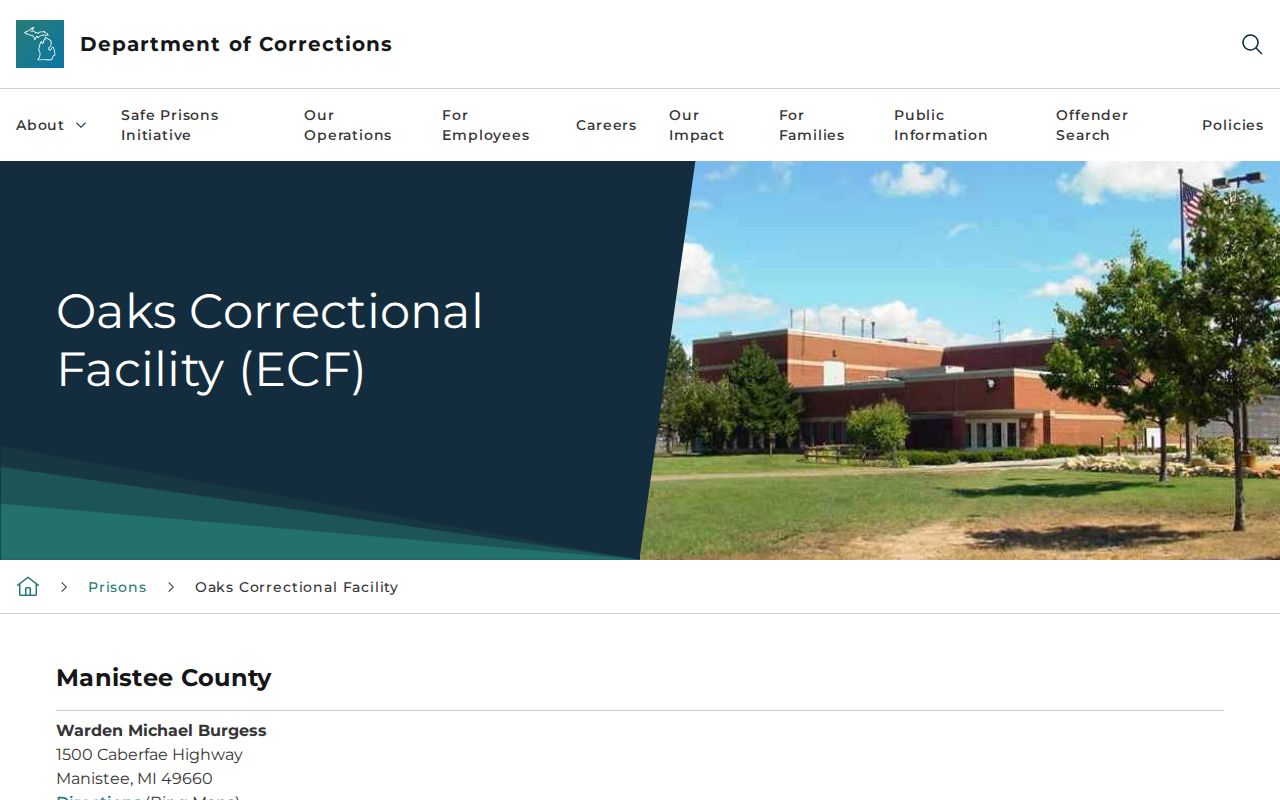 Michigan Department of Corrections page for Oaks Correctional Facility