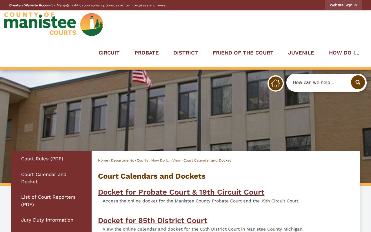 Manistee County Court Calendar and Docket gateway for Manistee County criminal case access