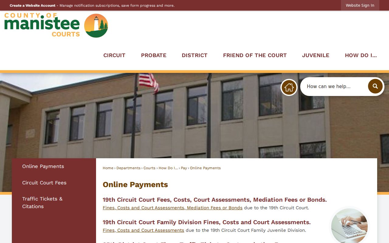 Manistee County online court payment page separating district and circuit cases