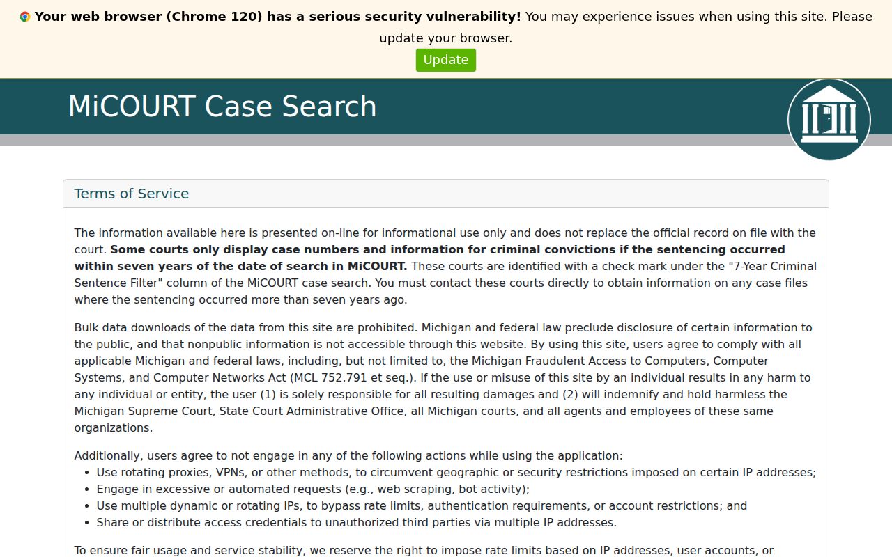 Michigan MiCOURT Case Search entry page used for Manistee County cases