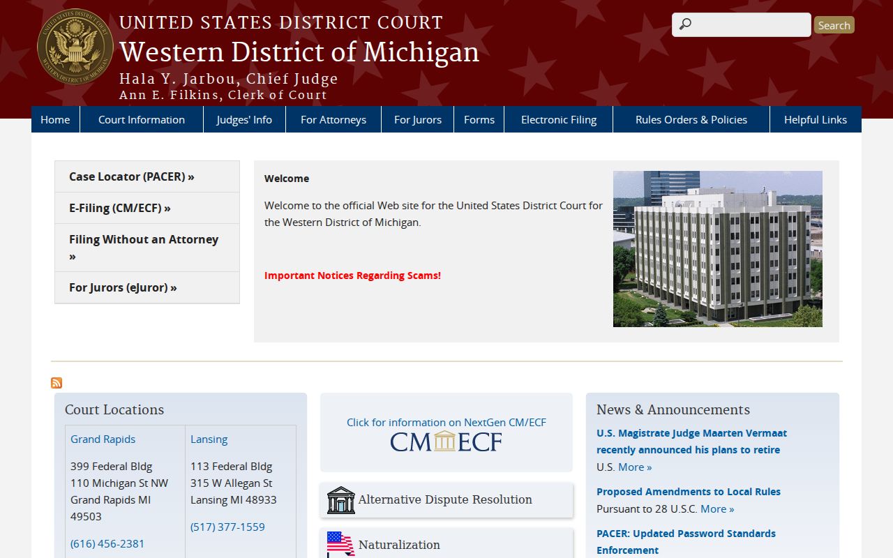 Western District of Michigan federal court website serving Manistee County