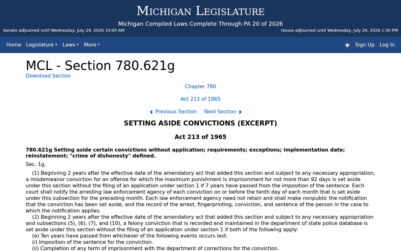 Michigan automatic set-aside law and Manistee County registry context