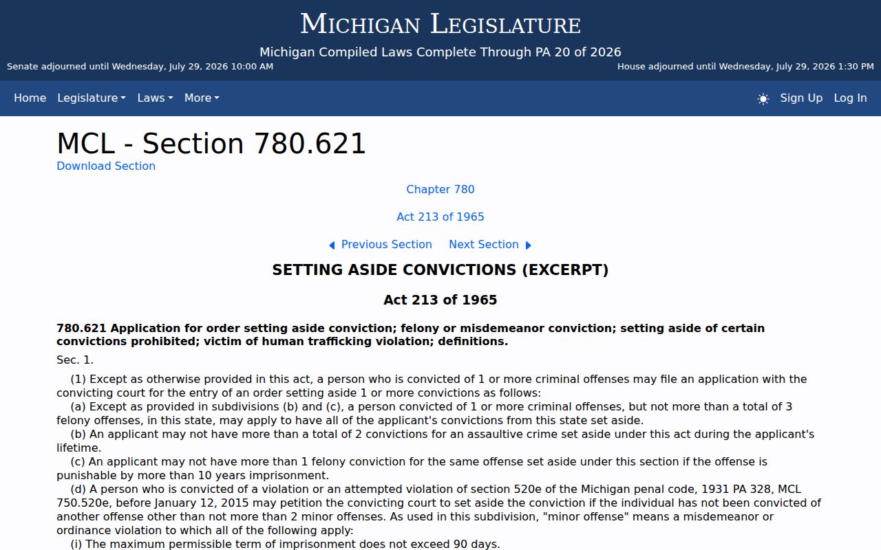 Michigan set-aside eligibility law relevant to Manistee County registry records